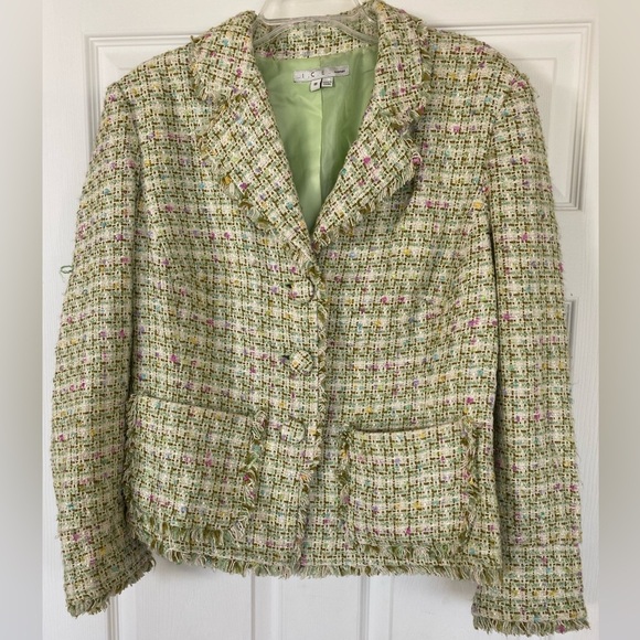 I C E Jackets & Blazers - I C E Multicolor Tweed Green and Pink Fringe Blazer